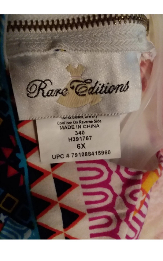 Close-up of a 'Rare Editions' label on a product with a colorful geometric pattern.