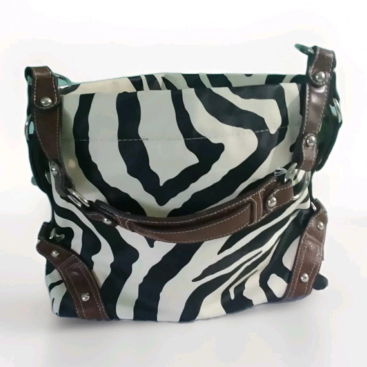 Black and White Striped Ladies Hand Bag with Brown Leather Strap