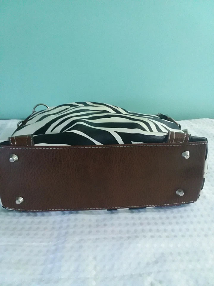 Black and White Striped Ladies Hand Bag with Brown Leather Strap