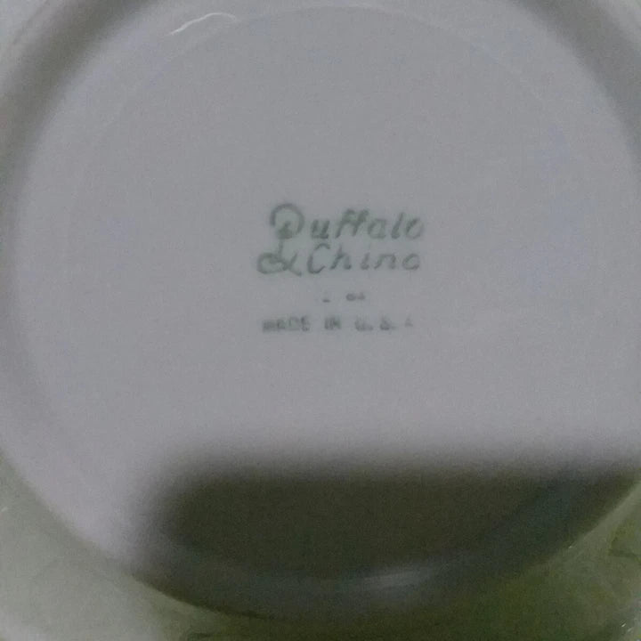 Close-up of a white ceramic plate with 'Buffalo China' branding on a green surface.