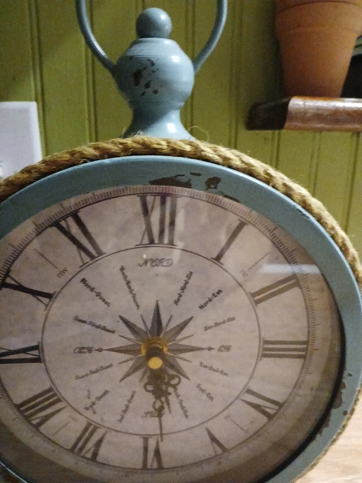 Blue Rustic Clock , Battery Operated, Compass Italian And French Style