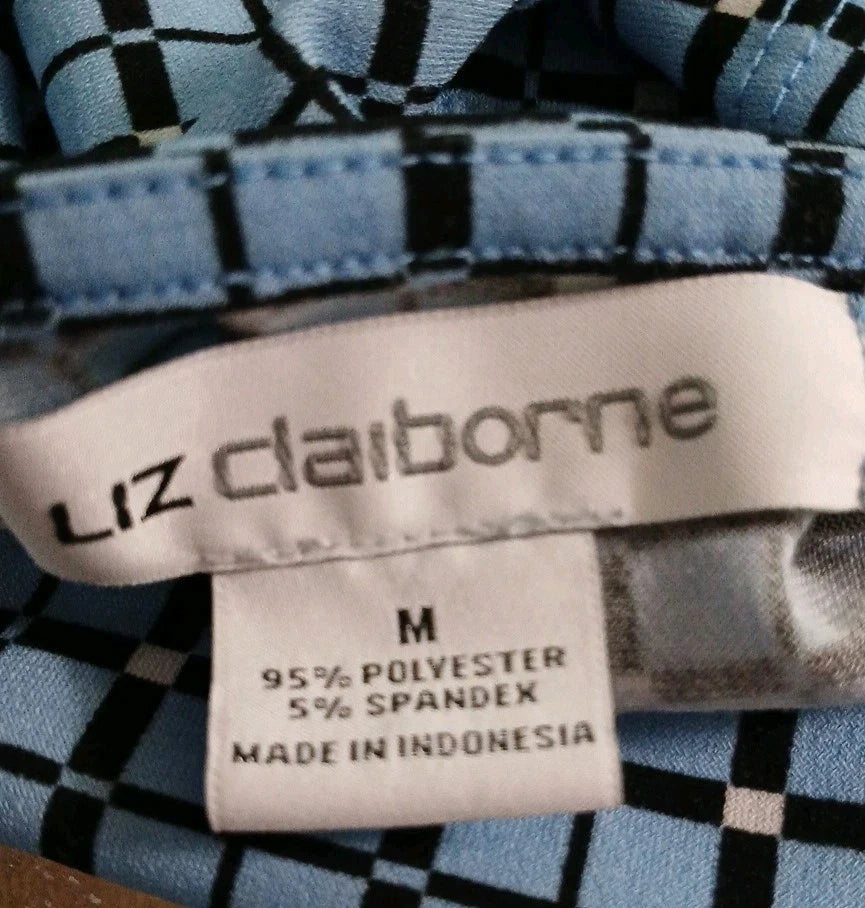 Liz Claiborne Ladies 3/4 Sleeve Blouse Sz M Blue Checkerboard