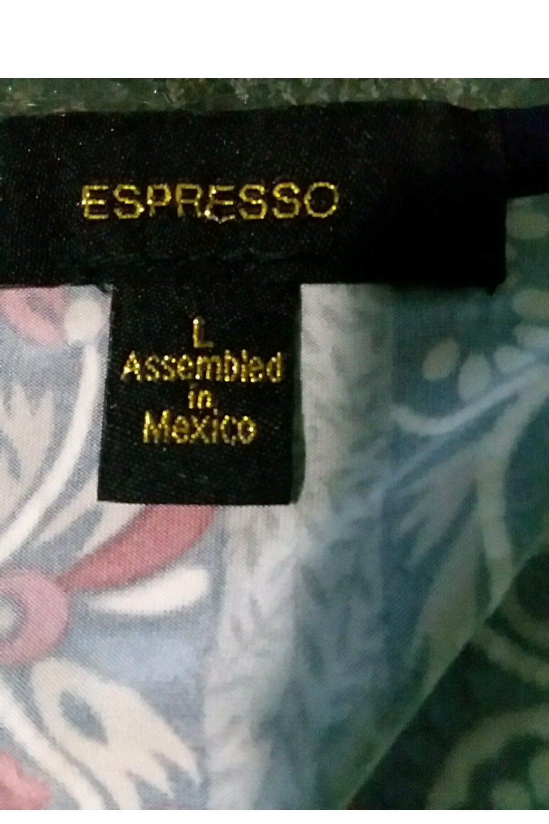 Label on a garment with 'Espresso' branding and text 'I Assembled in Mexico'.