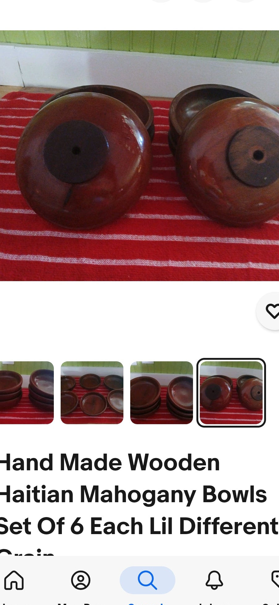 6 wooden bowls on a red and white striped surface with additional images below.