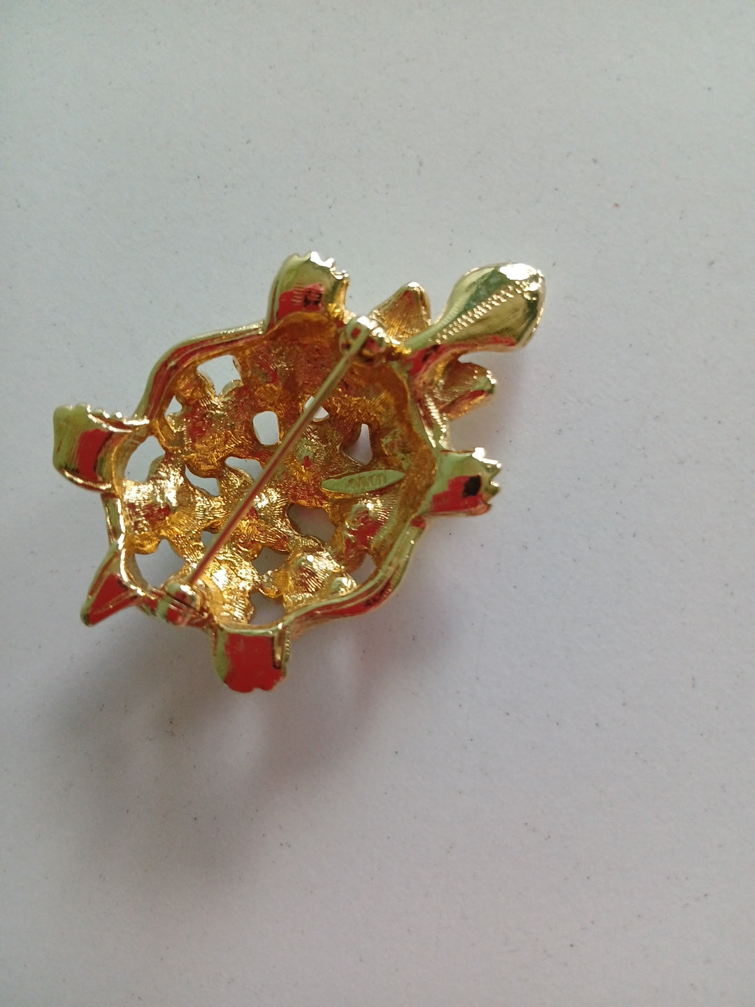 Gold Plated Turtle Pin/ Brooch With Blue & Green Stones