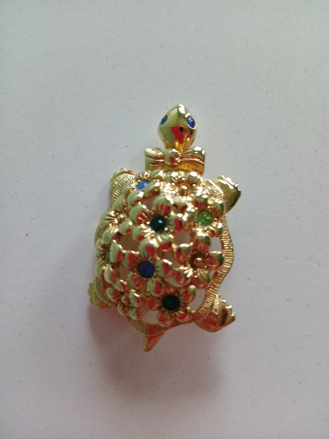 Gold Plated Turtle Pin/ Brooch With Blue & Green Stones