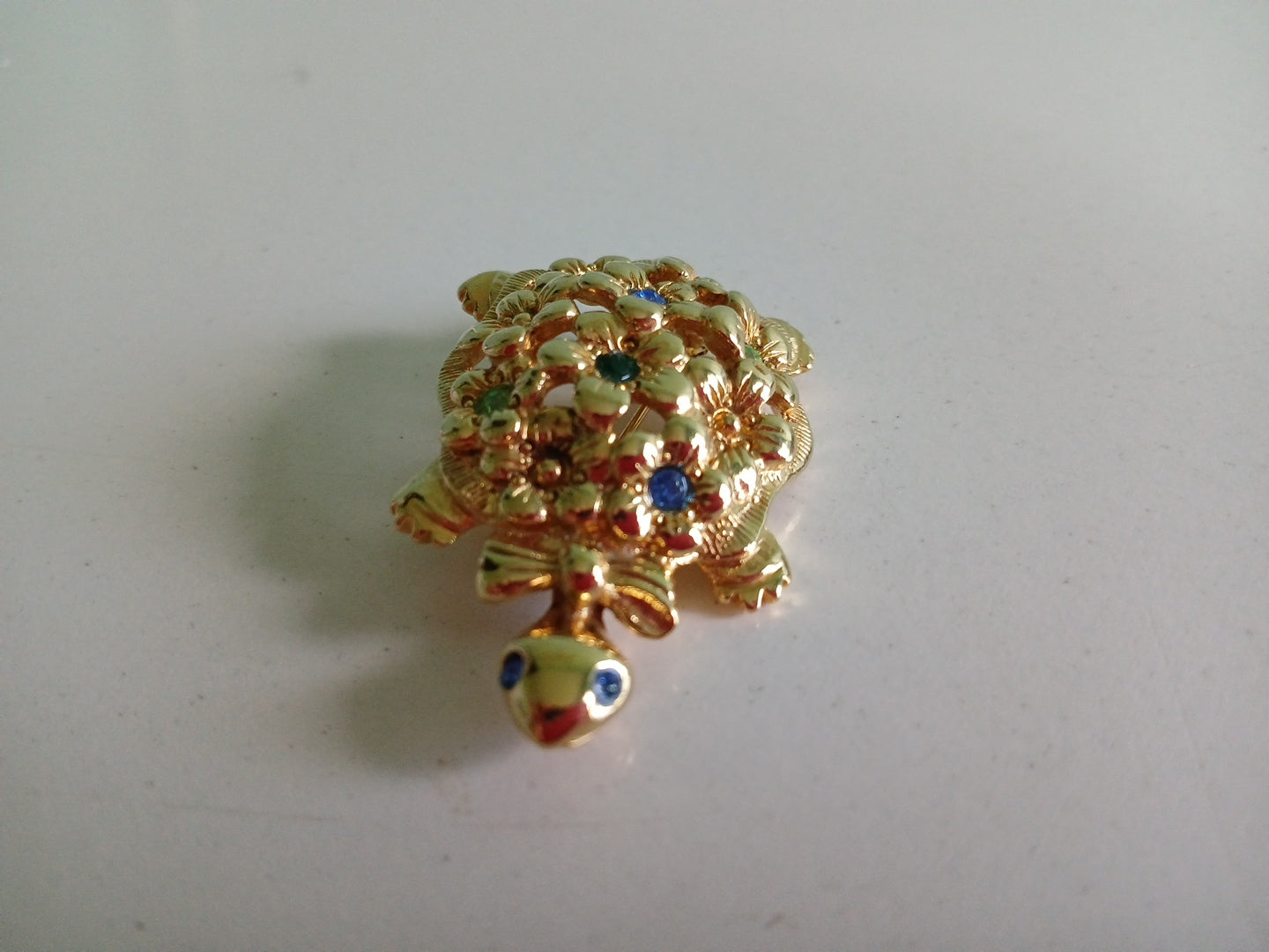 Gold Plated Turtle Pin/ Brooch With Blue & Green Stones