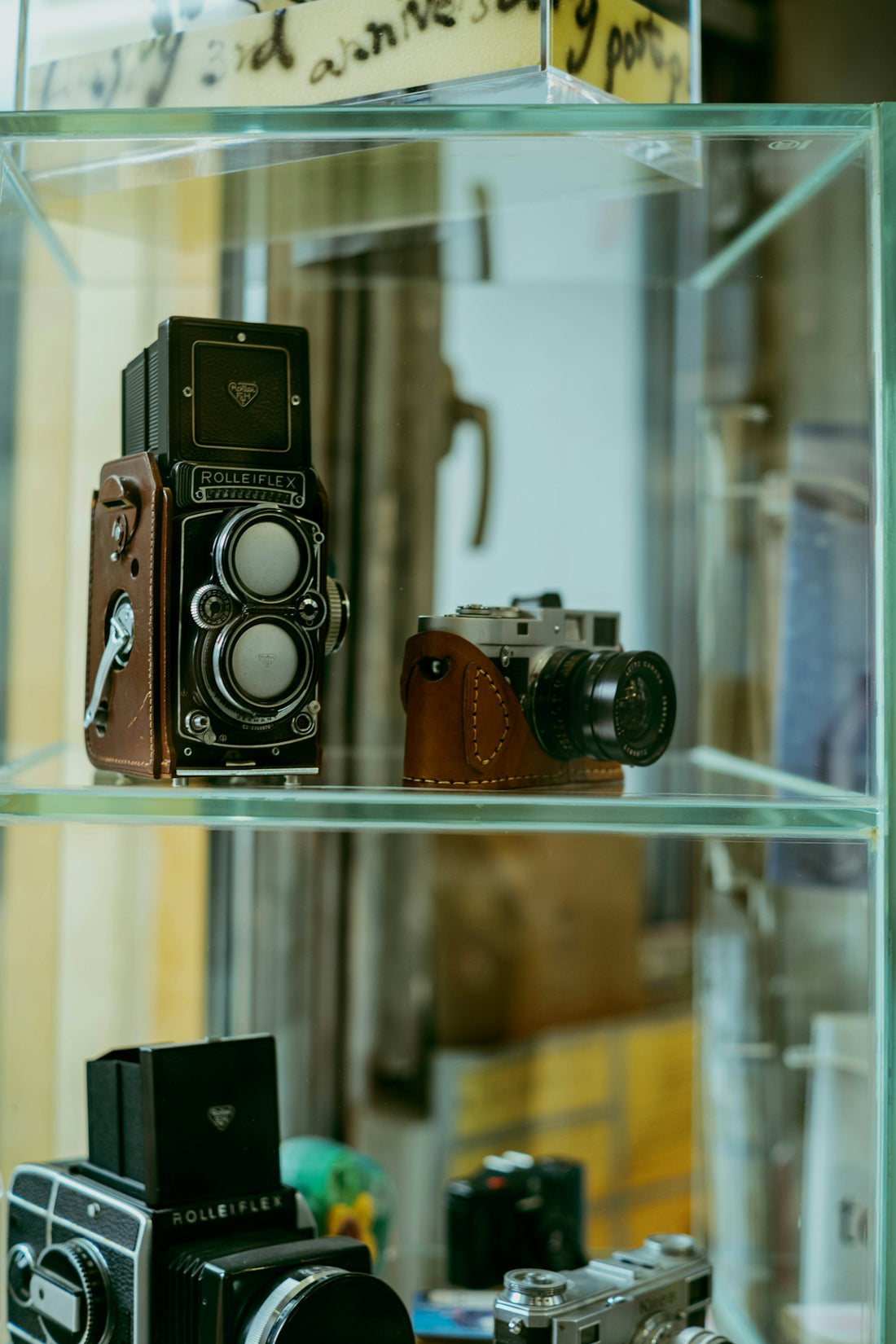 Vintage cameras displayed on glass shelves.