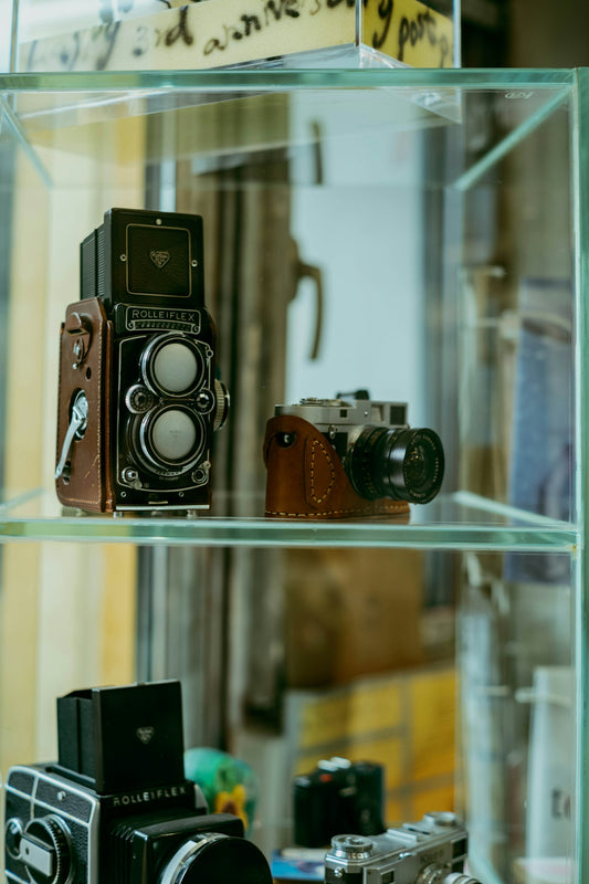 Vintage cameras displayed on glass shelves.