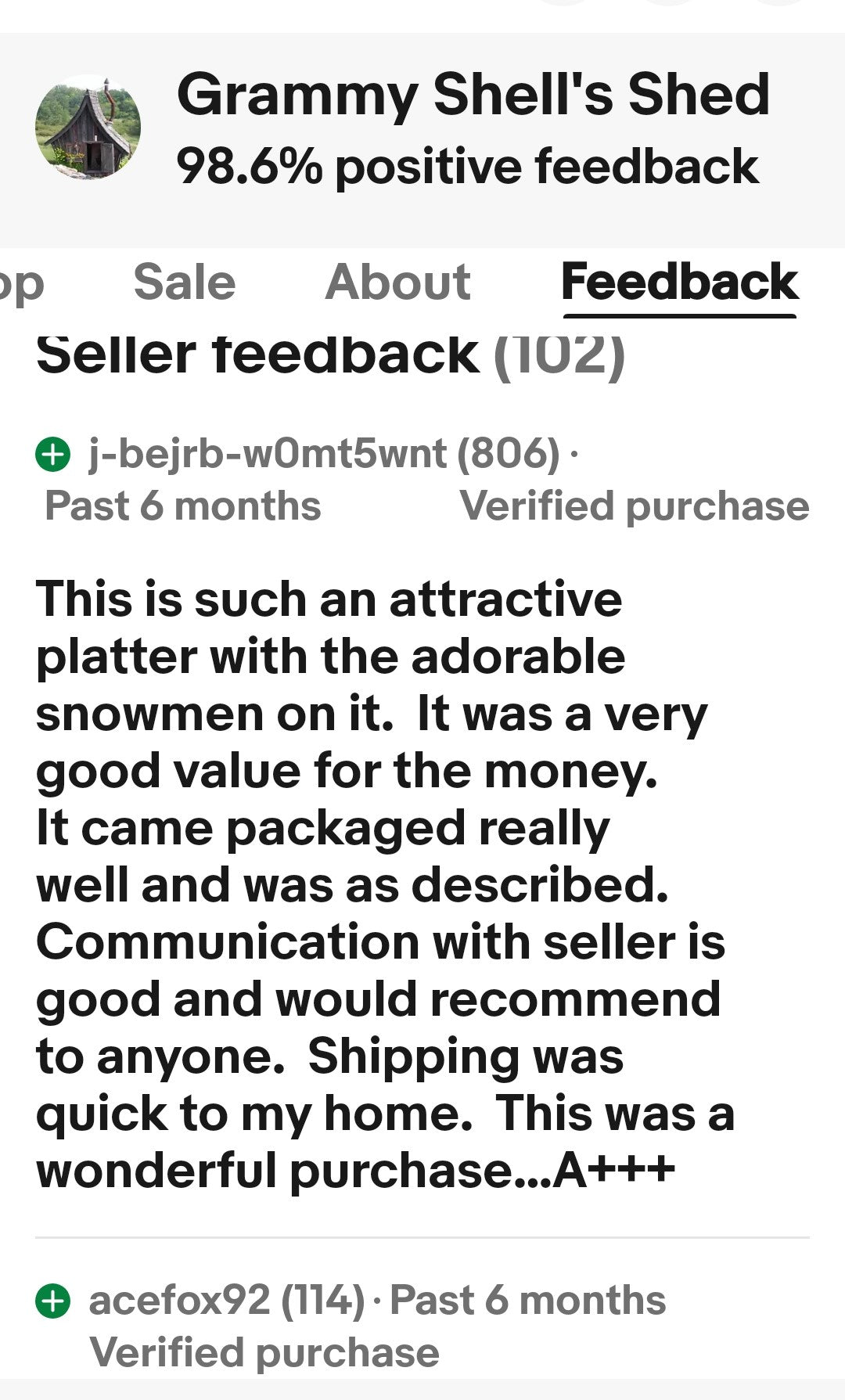 Product review on a platform with positive feedback and text about a snowman platter.