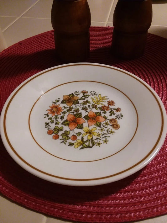 Decorative plate with floral pattern on a red placemat