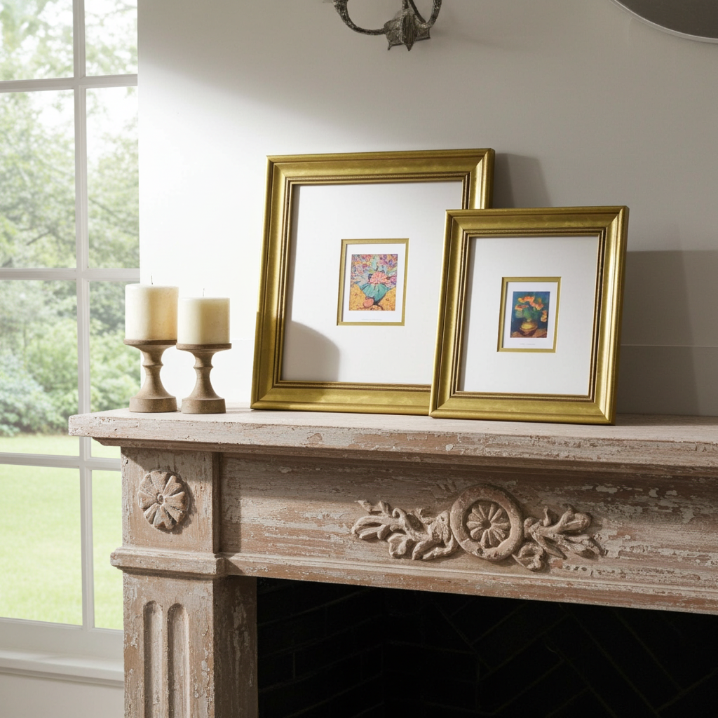 Two gold-framed pictures on a decorative fireplace mantle.