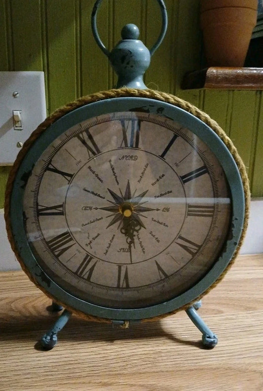 Blue Rustic Clock , Battery Operated,  Compass  Italian And French Style