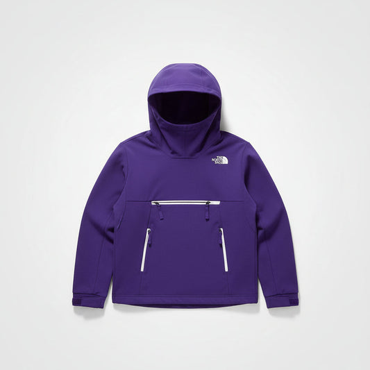 Purple jacket with a brand logo on a textured surface