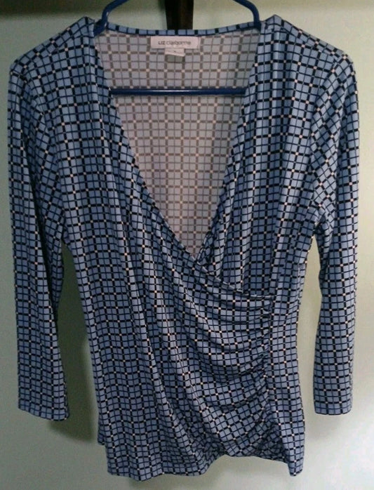 Liz Claiborne Ladies 3/4 Sleeve Blouse Sz M Blue Checkerboard