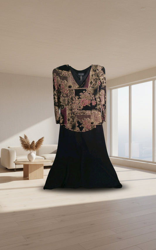 Black dress with floral pattern in a minimalistic room