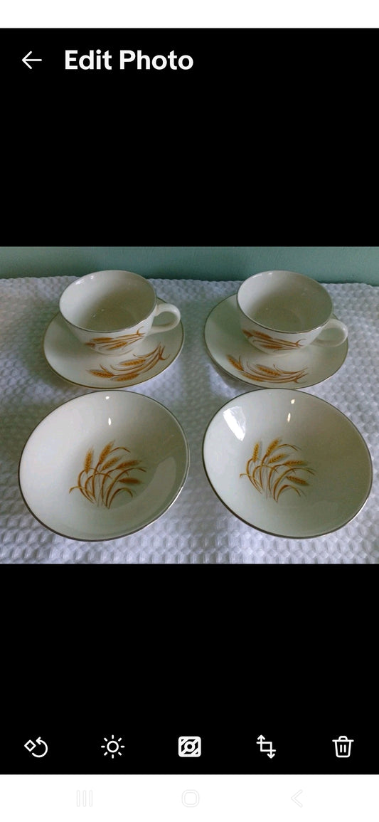 Vtg.Homer Laughlin Golden Wheat 22k Gold Tea Cups & Saucers & Bowls Serving 2