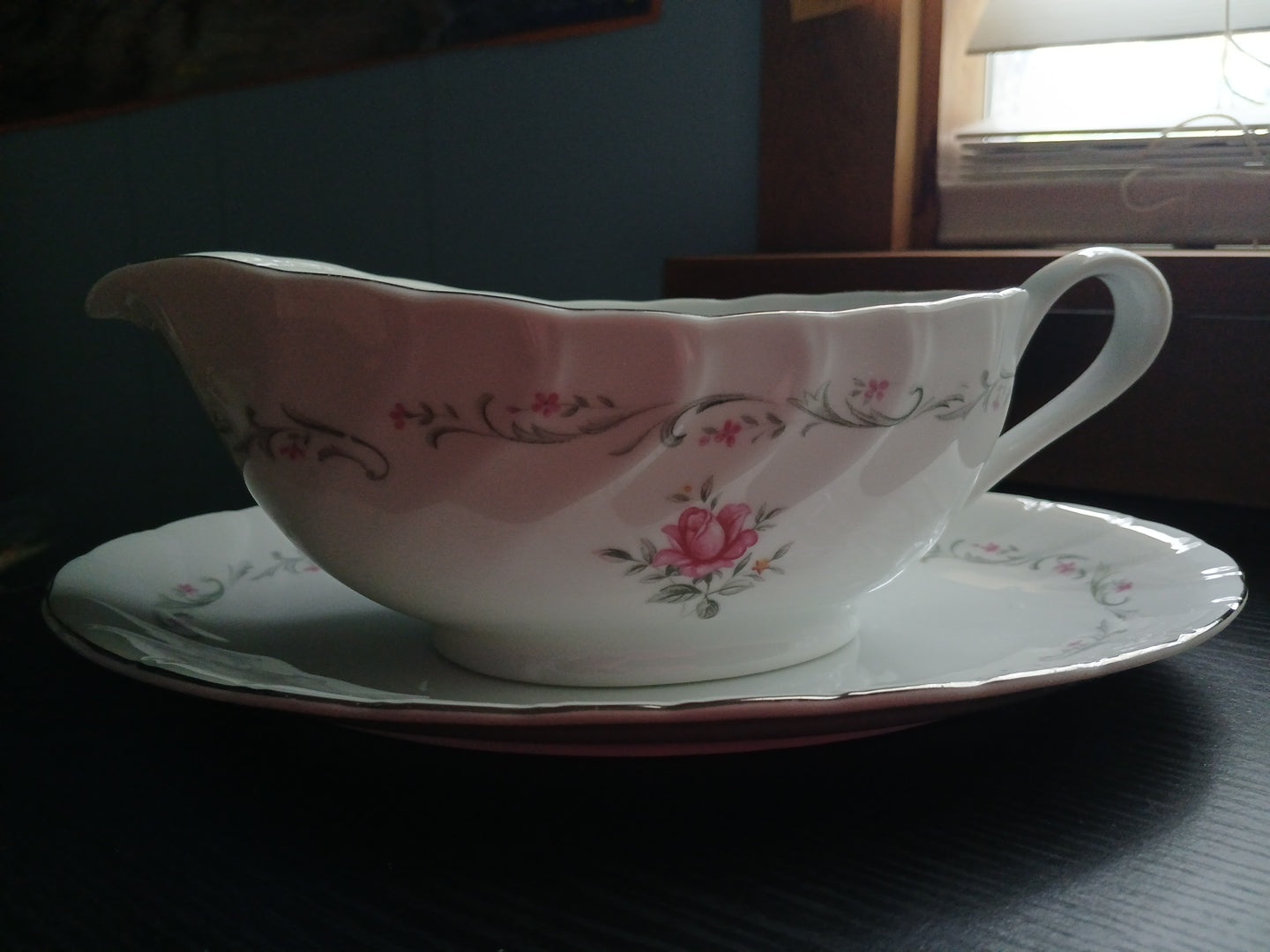 Royal Swirl fine china gravy boat with under plate ,silver trim and pink rose MS