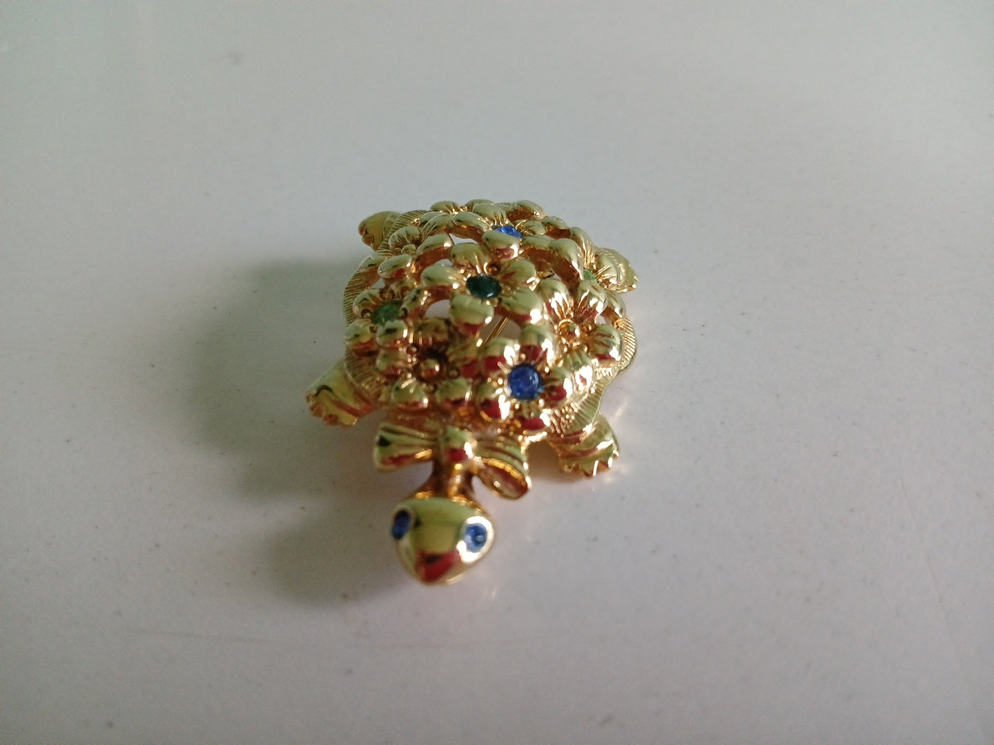 Gold Plated Turtle Pin/ Brooch With  Blue & Green Stones