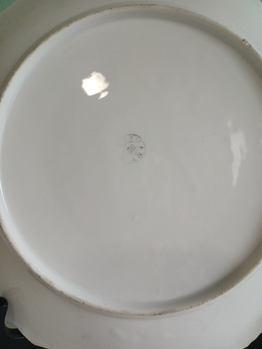 Close-up of a white ceramic plate with a logo on a white background