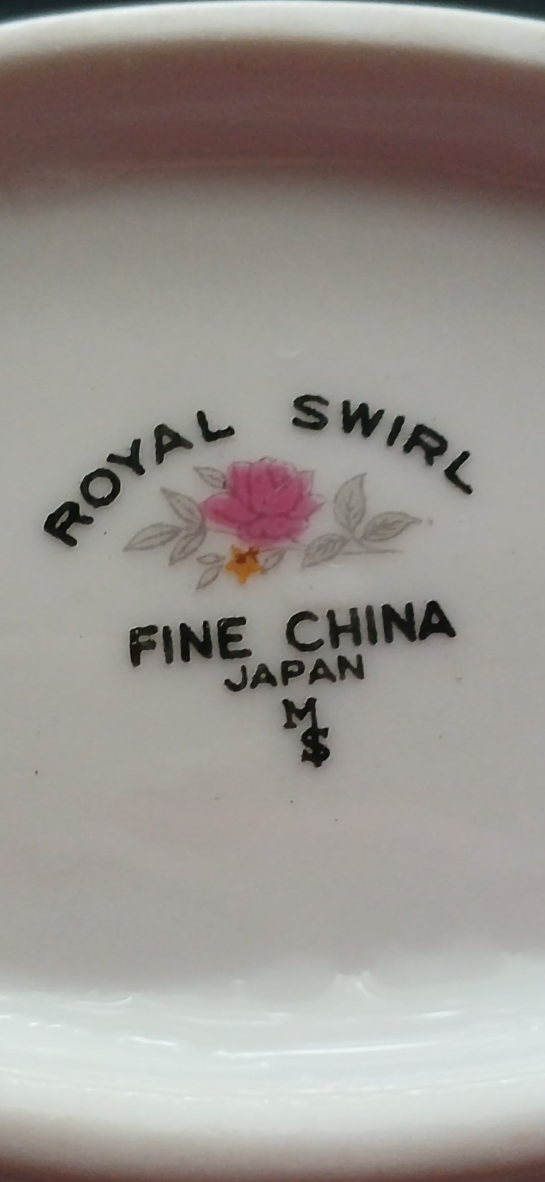 Royal Swirl fine china gravy boat with under plate ,silver trim and pink rose MS