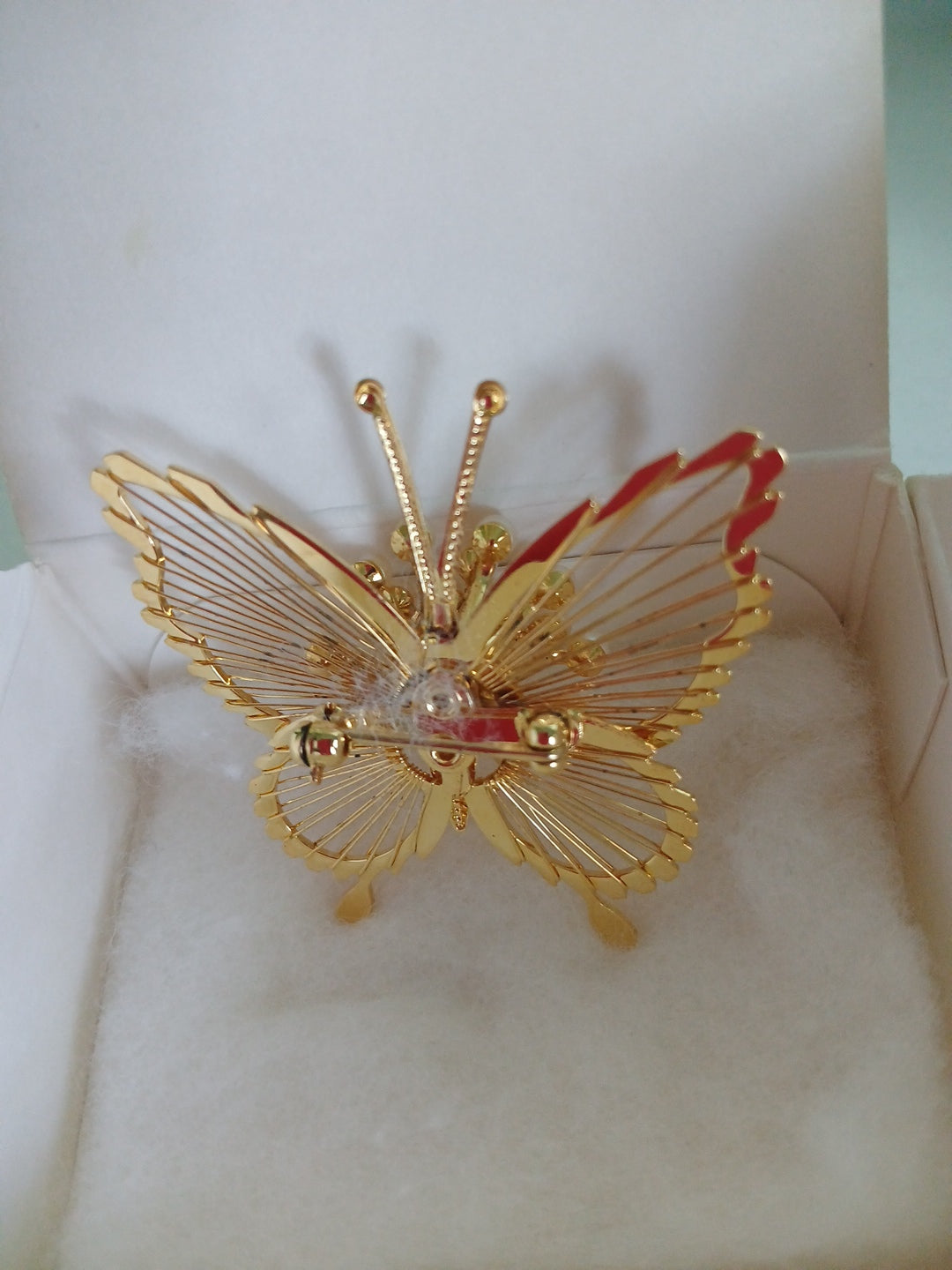 Handmade Golden Wired Butterfly Brooche ,& White Beads From Avon