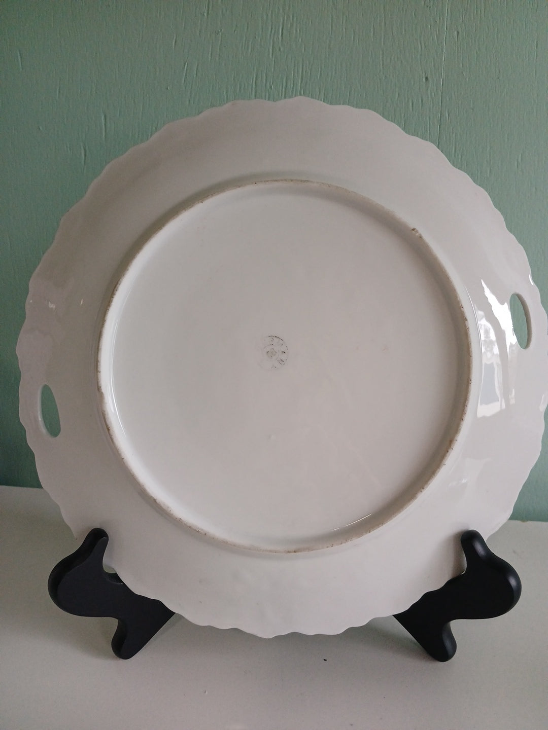 White ceramic plate with handles on a light green surface