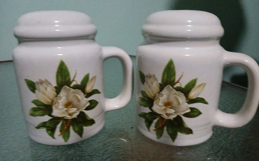 White Mason Jar Salt & Pepper Shakers with Magnolia Flowers